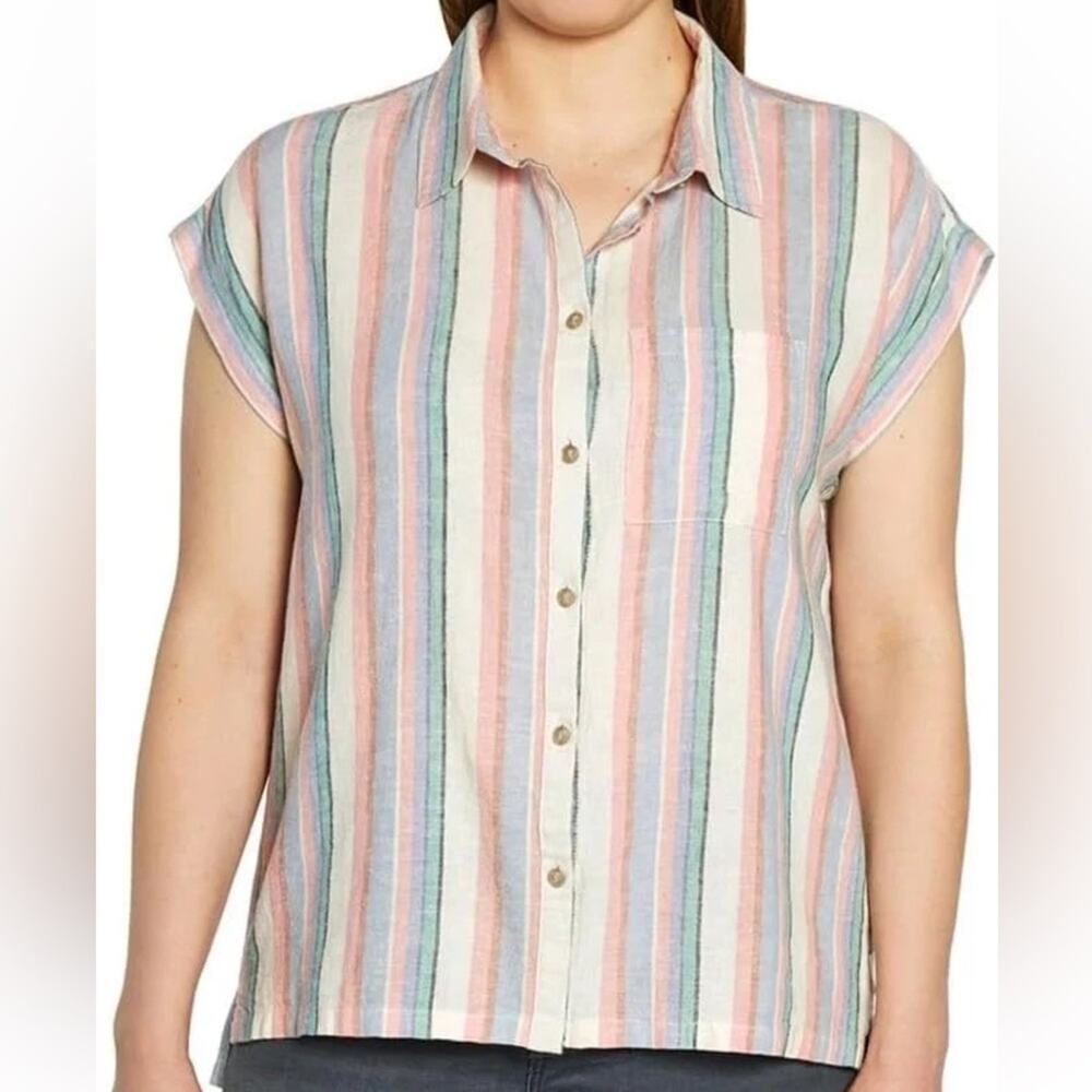 ORVIS Linen Blend Button Front Shirt XL Striped Multicolor Pocket